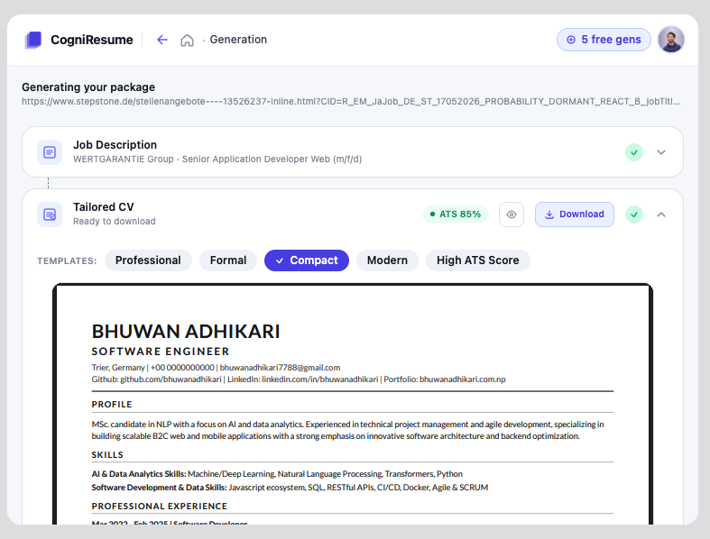 CogniResume generation screen showing ATS 85% score, template switcher with Professional/Formal/Compact/Modern options, and a rendered CV preview
