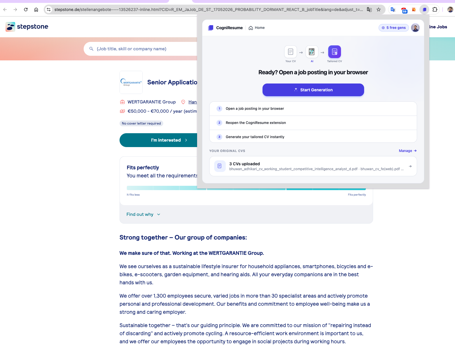 CogniResume extension popup open on a real Stepstone job listing, with "Start Generation" button visible