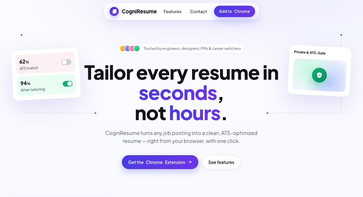 CogniResume landing page: Tailor every resume in seconds, not hours