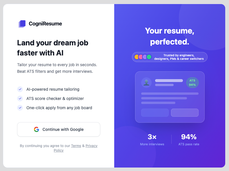 CogniResume sign-in screen with Google OAuth and "Land your dream job faster with AI" headline