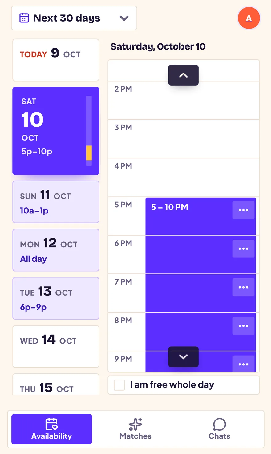 The Availability screen with Saturday 5 to 10 PM marked as free and a list of upcoming days