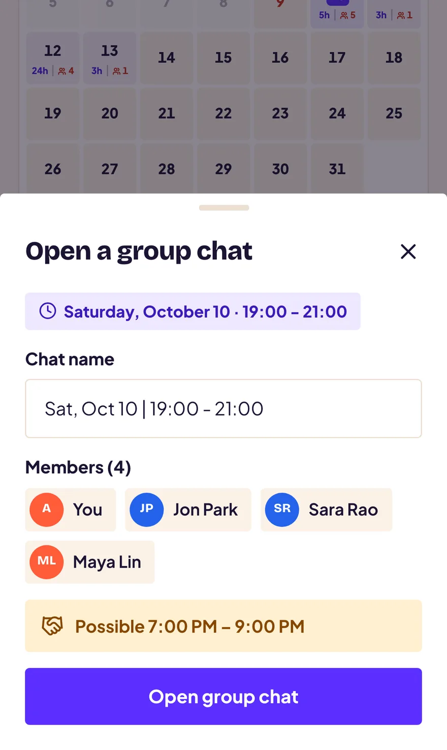 The Open a group chat sheet for Saturday 19:00 to 21:00 with four members and a possible time of 7 to 9 PM