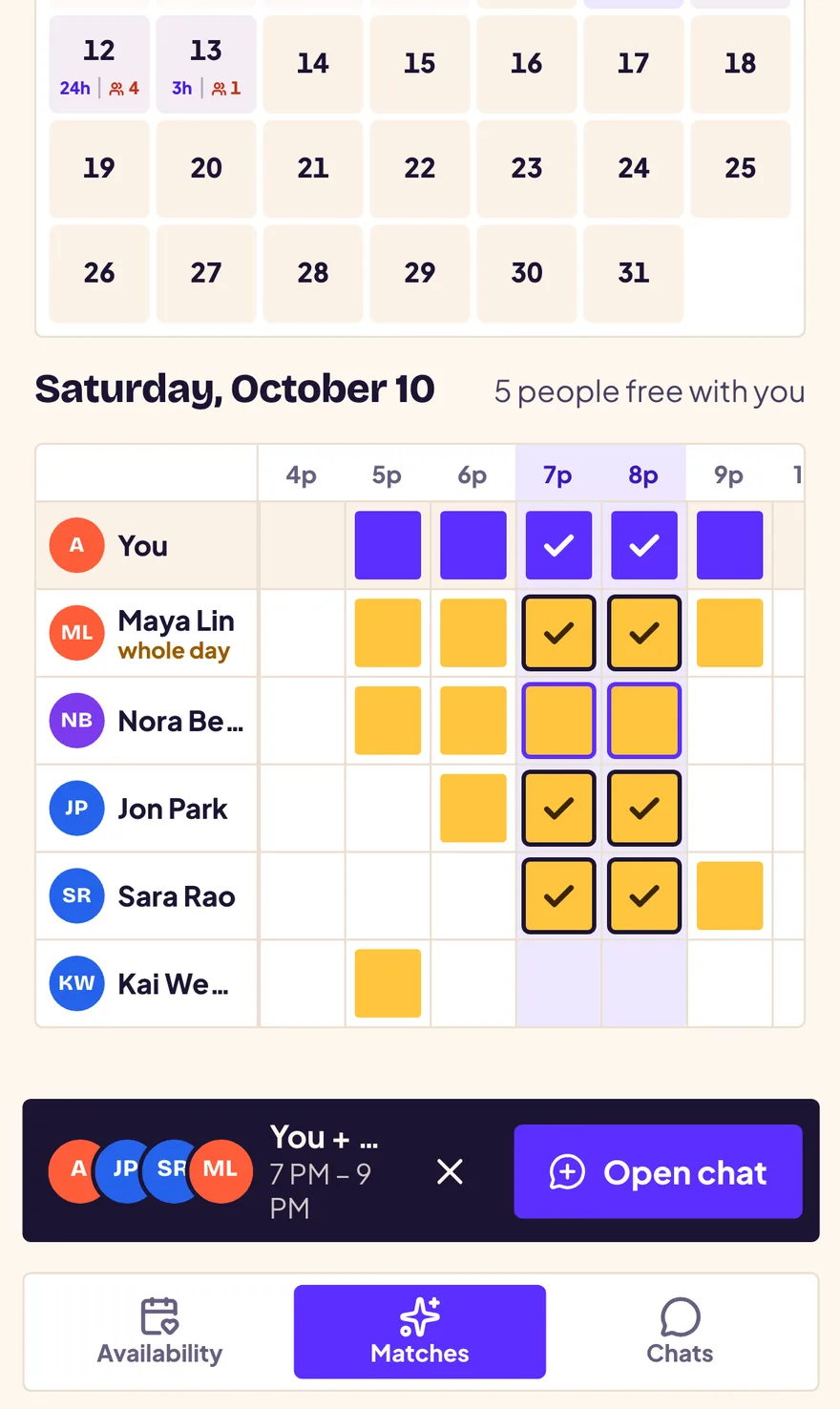 The Matches timeline for Saturday, October 10 showing five people free between 5 PM and 10 PM, with 7 to 9 PM selected for a group