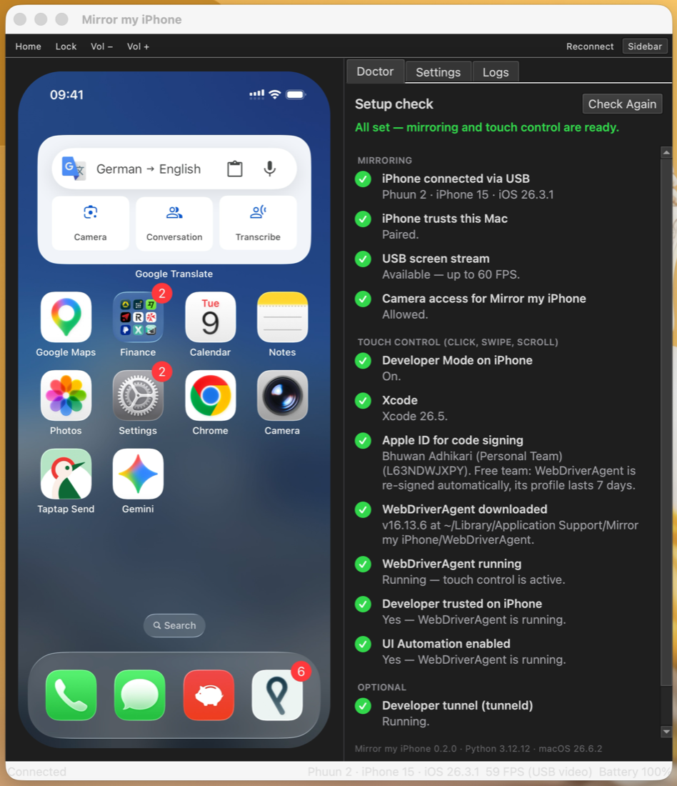 Mirror my iPhone on a Mac, showing an iPhone 15 home screen at 59 FPS over USB, with the Doctor sidebar reporting that mirroring and touch control are ready